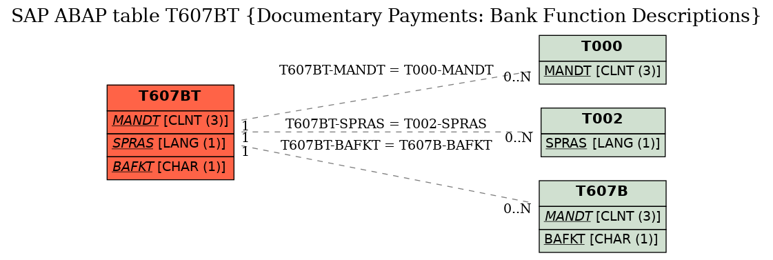E-R Diagram for table T607BT (Documentary Payments: Bank Function Descriptions)