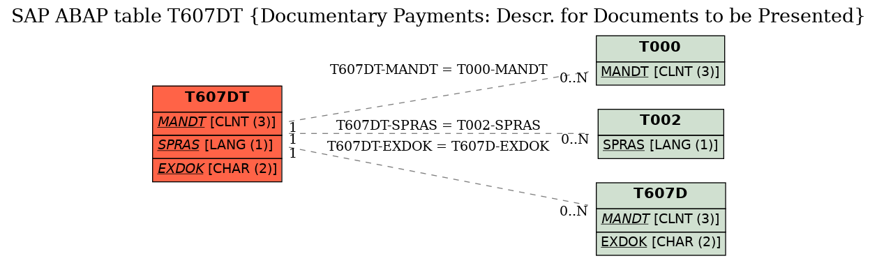 E-R Diagram for table T607DT (Documentary Payments: Descr. for Documents to be Presented)