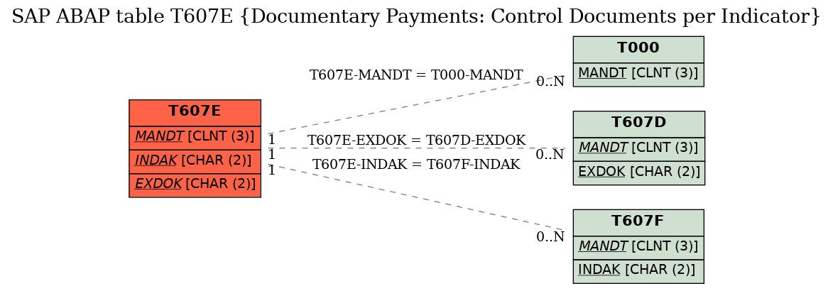 E-R Diagram for table T607E (Documentary Payments: Control Documents per Indicator)