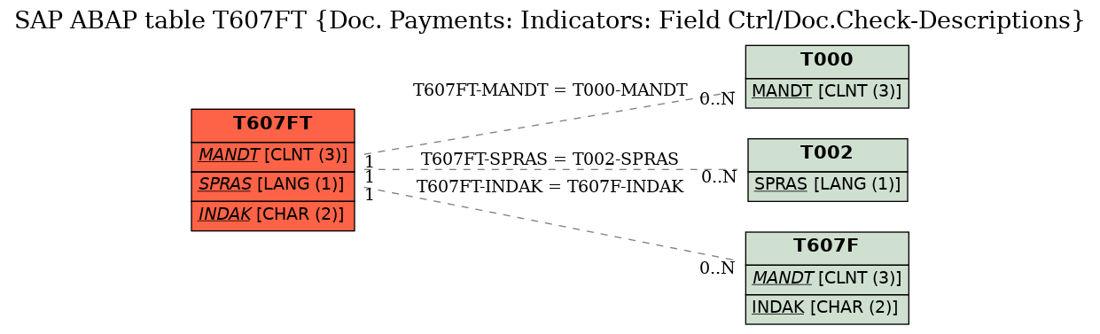 E-R Diagram for table T607FT (Doc. Payments: Indicators: Field Ctrl/Doc.Check-Descriptions)