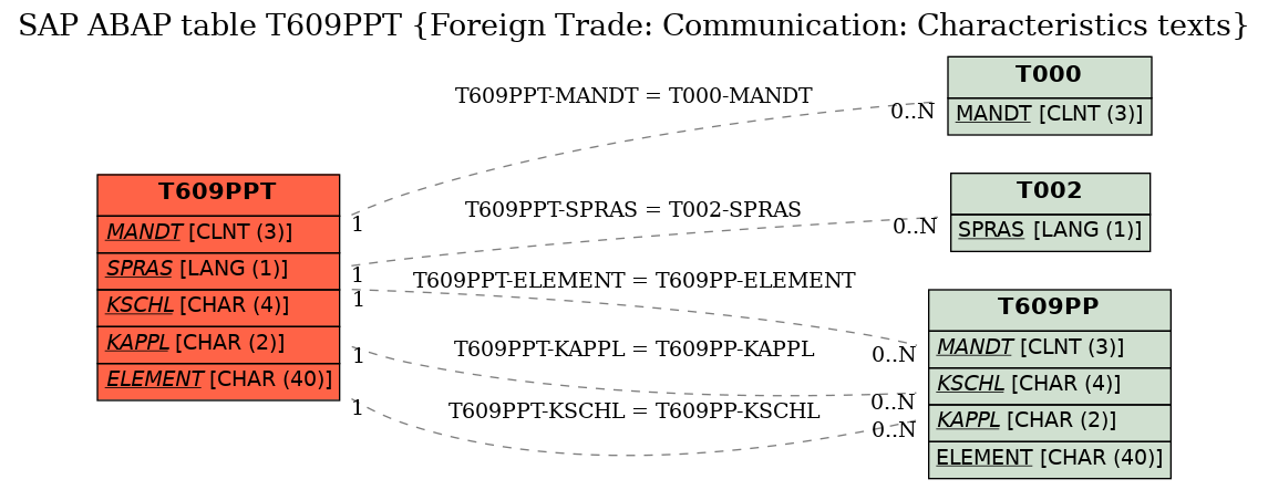 E-R Diagram for table T609PPT (Foreign Trade: Communication: Characteristics texts)