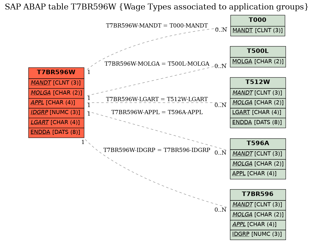 E-R Diagram for table T7BR596W (Wage Types associated to application groups)