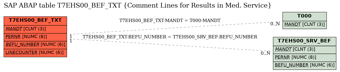 E-R Diagram for table T7EHS00_BEF_TXT (Comment Lines for Results in Med. Service)