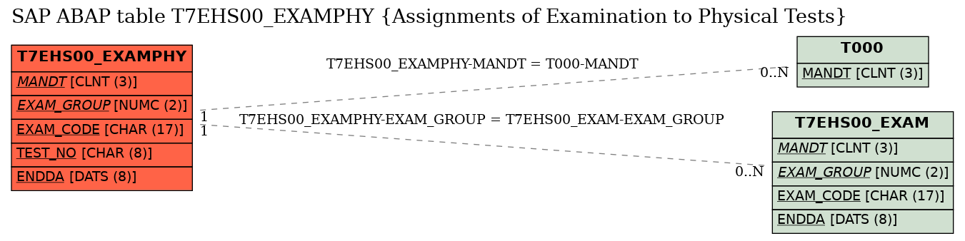 E-R Diagram for table T7EHS00_EXAMPHY (Assignments of Examination to Physical Tests)