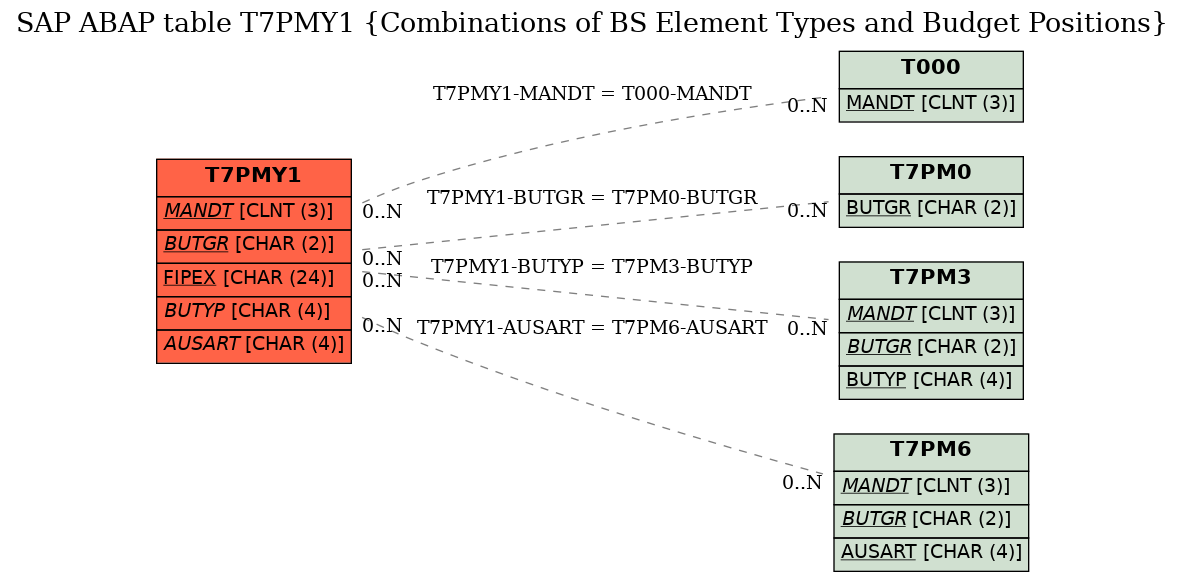 E-R Diagram for table T7PMY1 (Combinations of BS Element Types and Budget Positions)