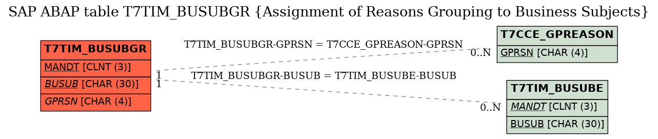 E-R Diagram for table T7TIM_BUSUBGR (Assignment of Reasons Grouping to Business Subjects)