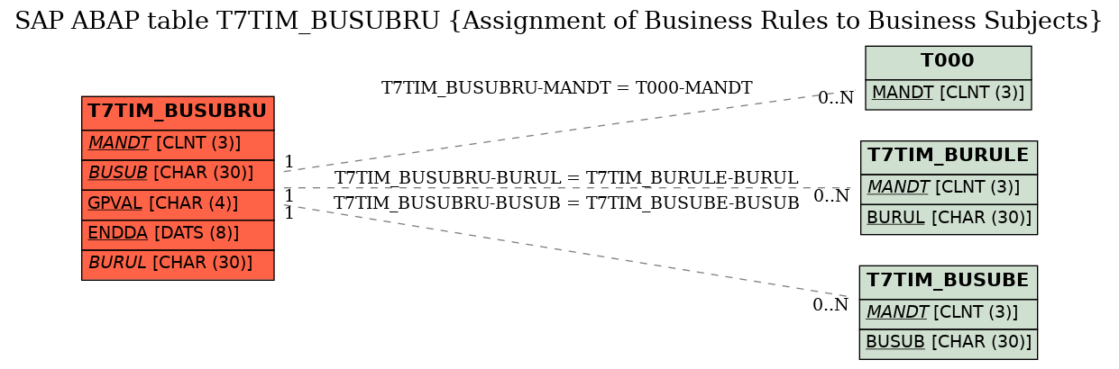 E-R Diagram for table T7TIM_BUSUBRU (Assignment of Business Rules to Business Subjects)