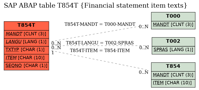 E-R Diagram for table T854T (Financial statement item texts)