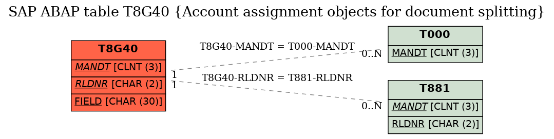 E-R Diagram for table T8G40 (Account assignment objects for document splitting)