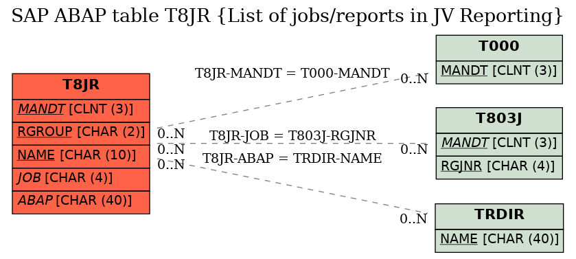 E-R Diagram for table T8JR (List of jobs/reports in JV Reporting)