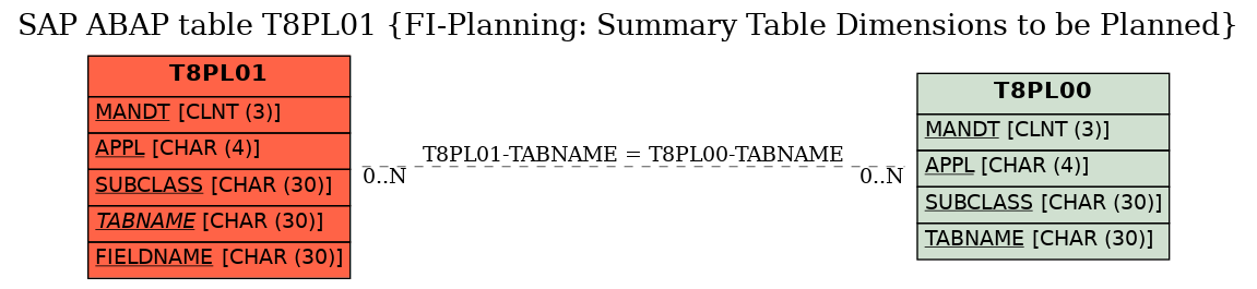 E-R Diagram for table T8PL01 (FI-Planning: Summary Table Dimensions to be Planned)