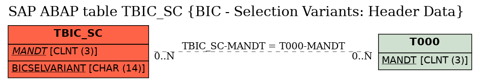 E-R Diagram for table TBIC_SC (BIC - Selection Variants: Header Data)