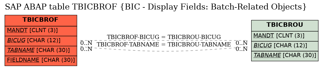 E-R Diagram for table TBICBROF (BIC - Display Fields: Batch-Related Objects)