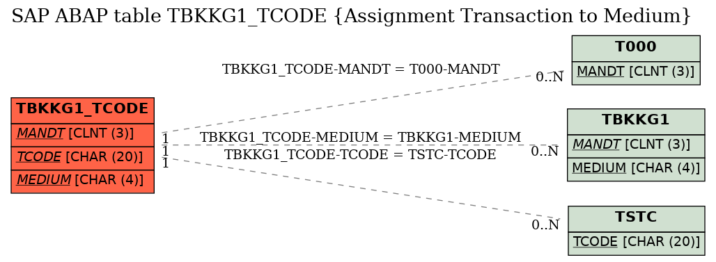 E-R Diagram for table TBKKG1_TCODE (Assignment Transaction to Medium)