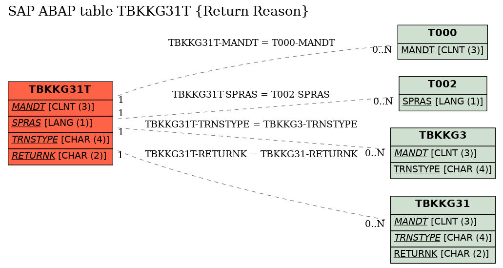 E-R Diagram for table TBKKG31T (Return Reason)