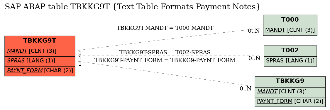 E-R Diagram for table TBKKG9T (Text Table Formats Payment Notes)