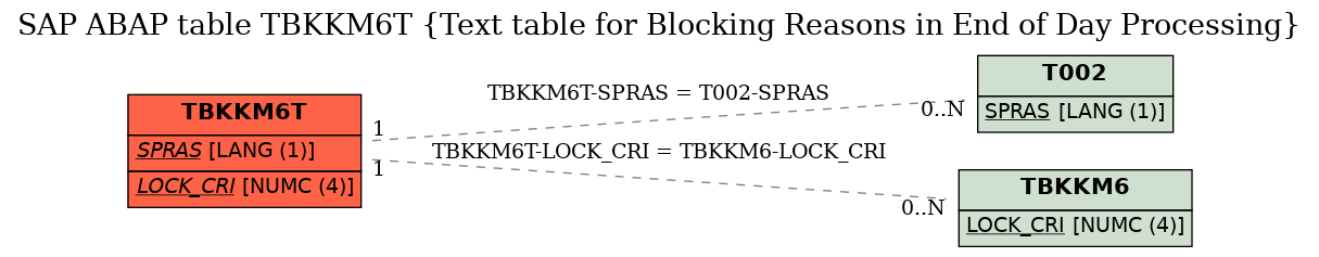 E-R Diagram for table TBKKM6T (Text table for Blocking Reasons in End of Day Processing)
