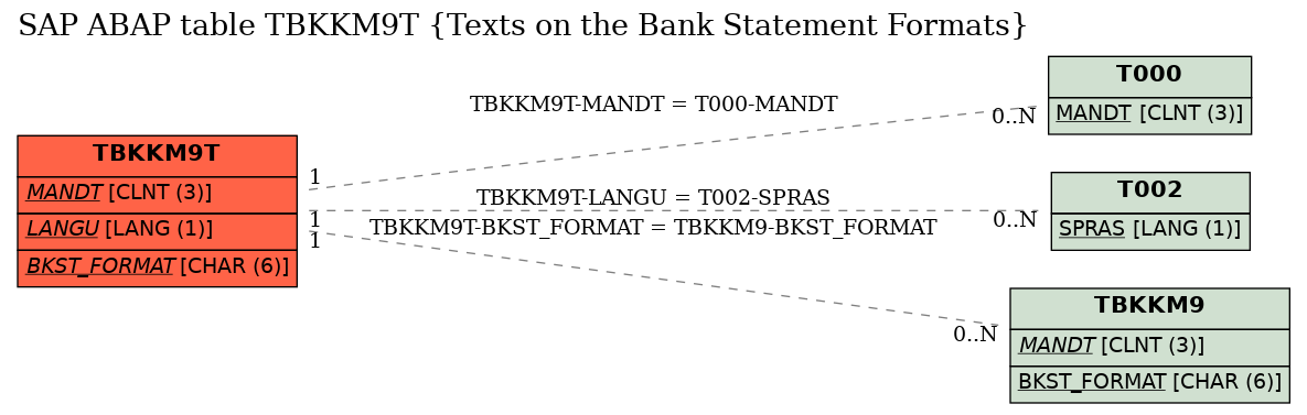 E-R Diagram for table TBKKM9T (Texts on the Bank Statement Formats)