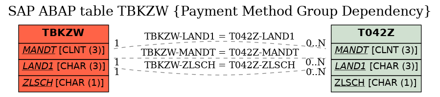 E-R Diagram for table TBKZW (Payment Method Group Dependency)