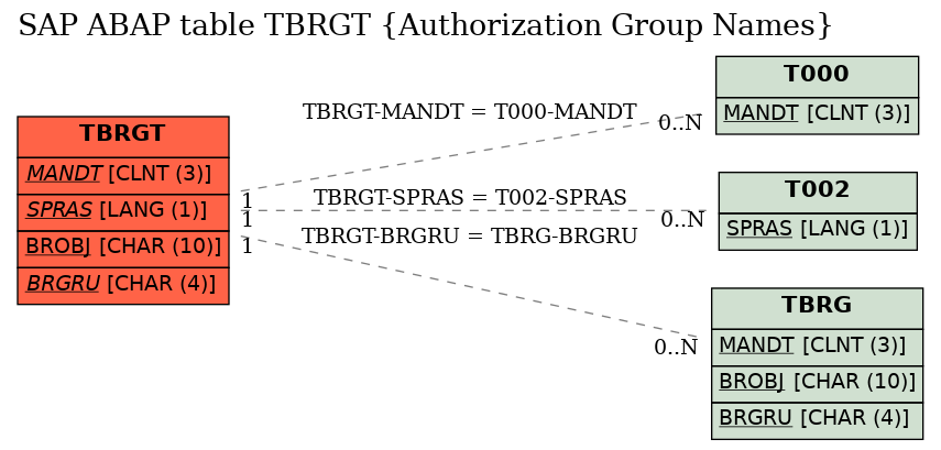 E-R Diagram for table TBRGT (Authorization Group Names)