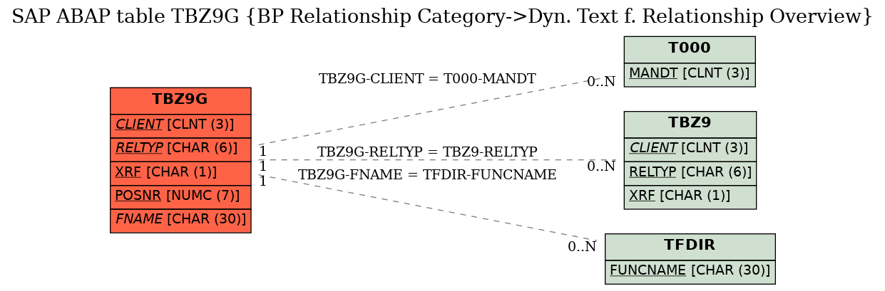 E-R Diagram for table TBZ9G (BP Relationship Category->Dyn. Text f. Relationship Overview)