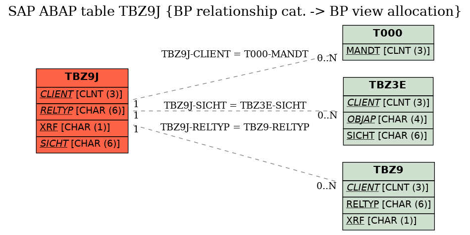 E-R Diagram for table TBZ9J (BP relationship cat. -> BP view allocation)