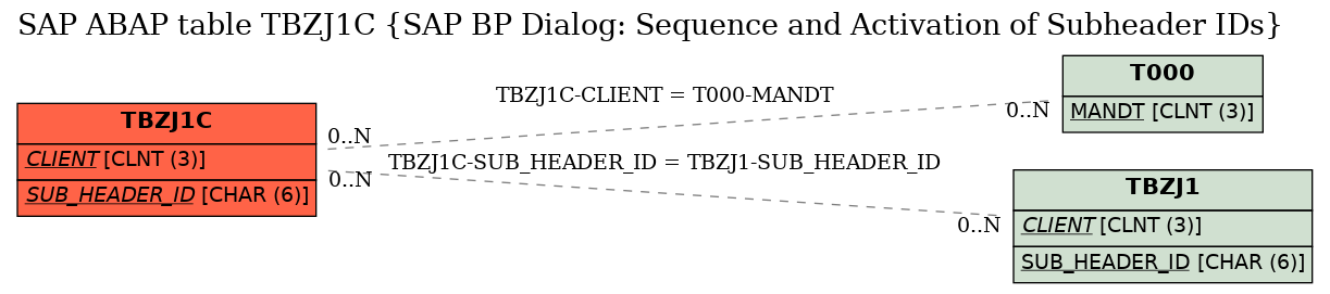 E-R Diagram for table TBZJ1C (SAP BP Dialog: Sequence and Activation of Subheader IDs)