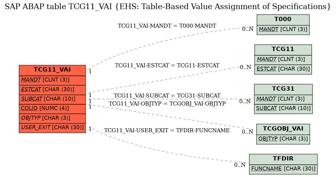 E-R Diagram for table TCG11_VAI (EHS: Table-Based Value Assignment of Specifications)