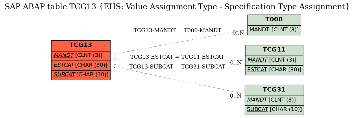 E-R Diagram for table TCG13 (EHS: Value Assignment Type - Specification Type Assignment)