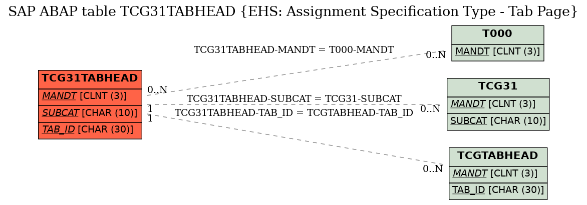 E-R Diagram for table TCG31TABHEAD (EHS: Assignment Specification Type - Tab Page)