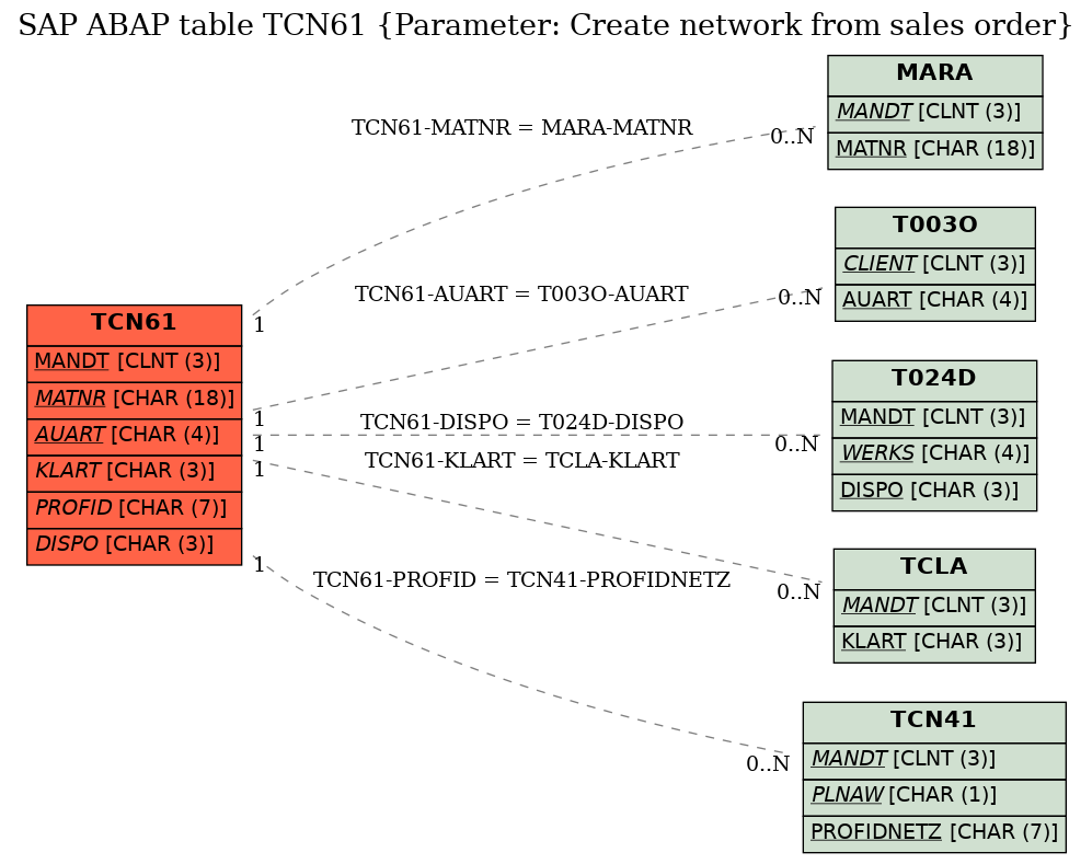 E-R Diagram for table TCN61 (Parameter: Create network from sales order)