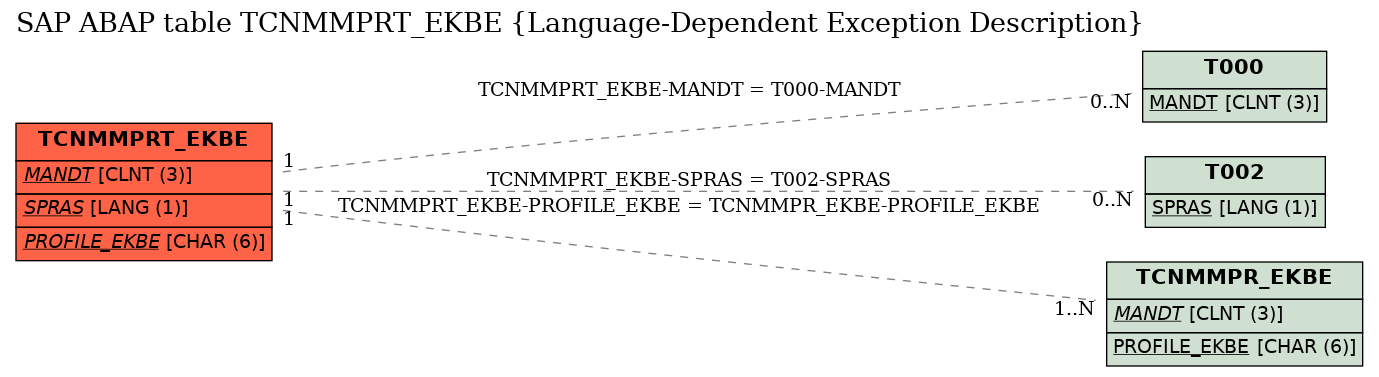 E-R Diagram for table TCNMMPRT_EKBE (Language-Dependent Exception Description)