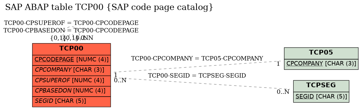 E-R Diagram for table TCP00 (SAP code page catalog)