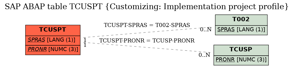 E-R Diagram for table TCUSPT (Customizing: Implementation project profile)