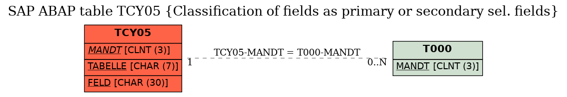 E-R Diagram for table TCY05 (Classification of fields as primary or secondary sel. fields)