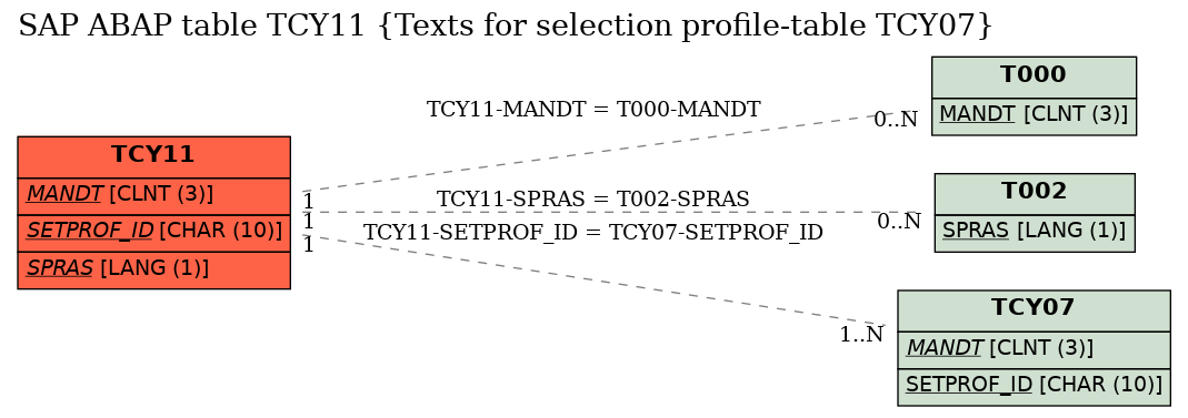 E-R Diagram for table TCY11 (Texts for selection profile-table TCY07)