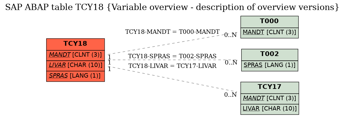 E-R Diagram for table TCY18 (Variable overview - description of overview versions)