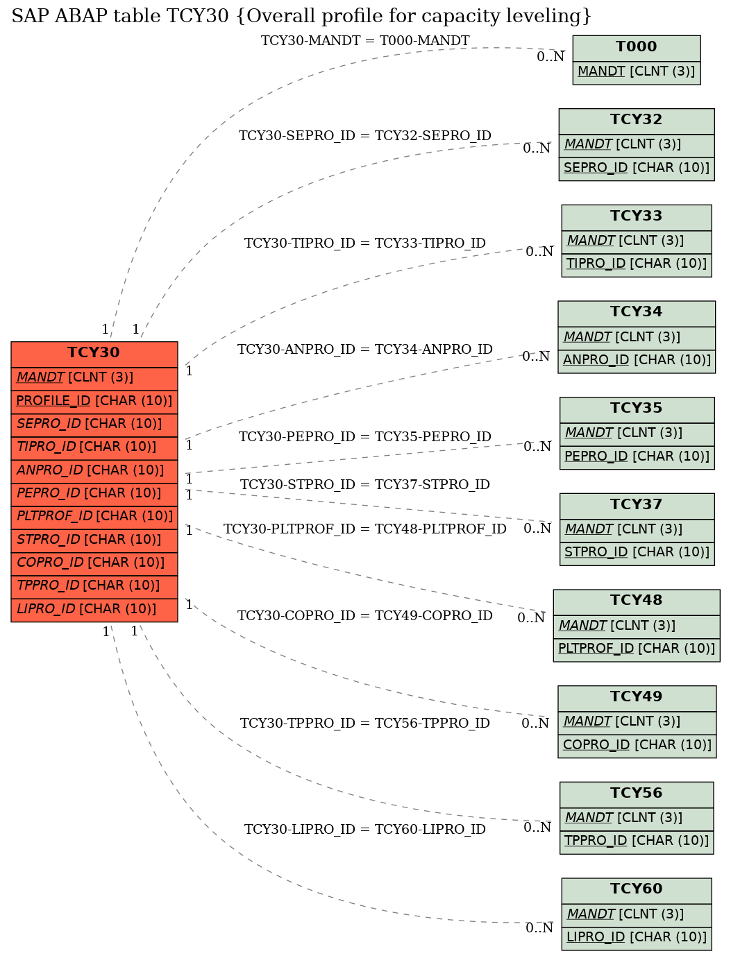 E-R Diagram for table TCY30 (Overall profile for capacity leveling)