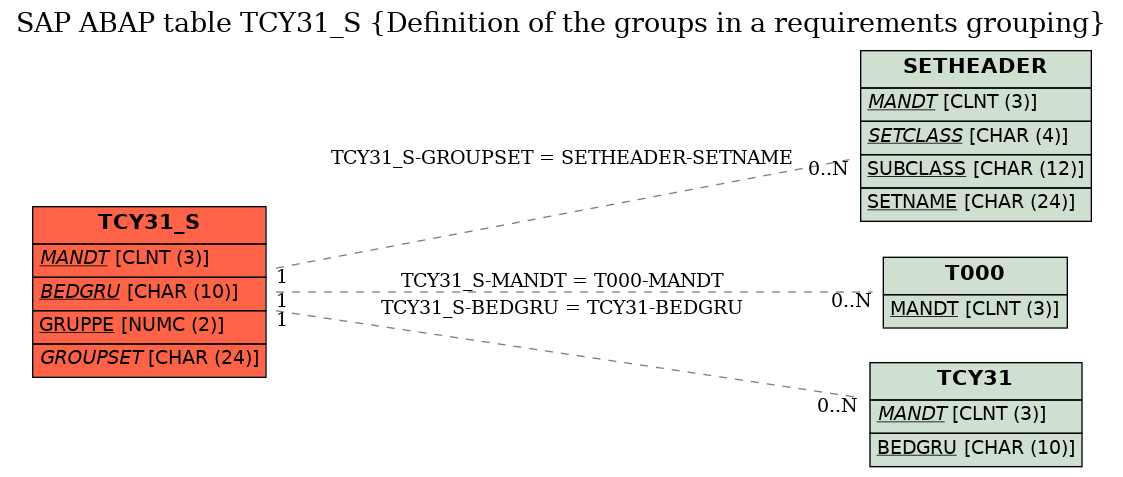 E-R Diagram for table TCY31_S (Definition of the groups in a requirements grouping)