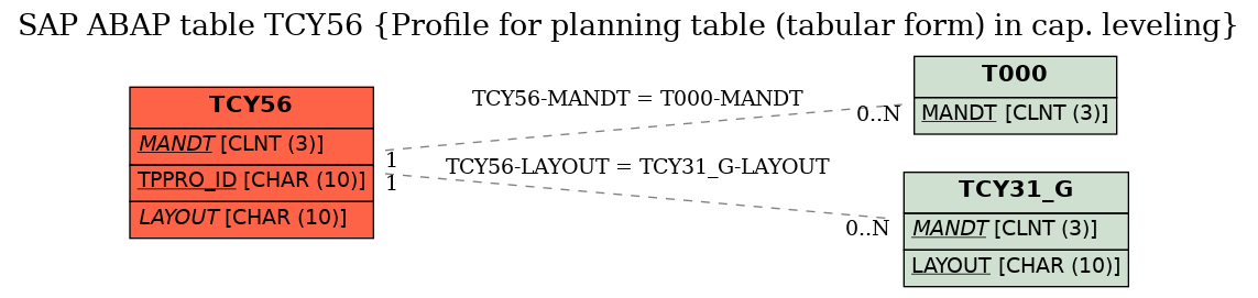 E-R Diagram for table TCY56 (Profile for planning table (tabular form) in cap. leveling)