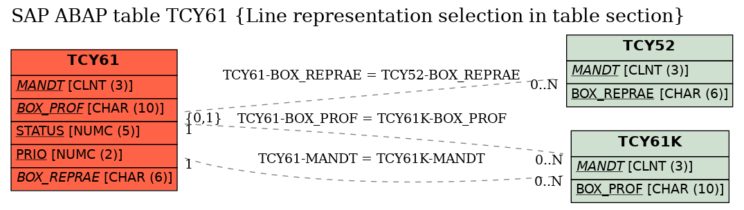 E-R Diagram for table TCY61 (Line representation selection in table section)