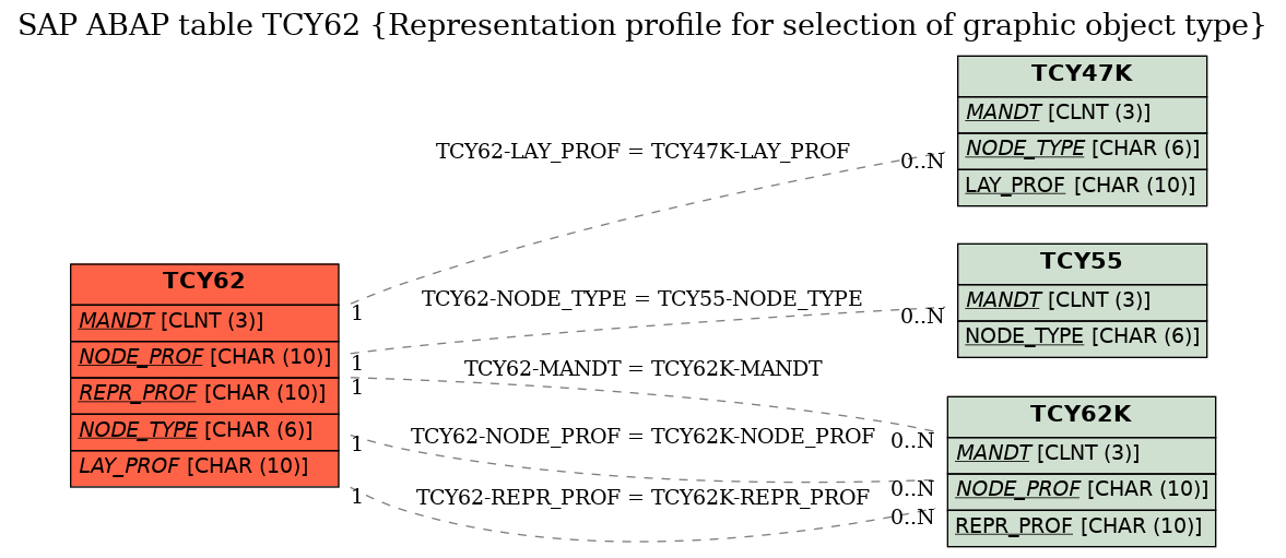 E-R Diagram for table TCY62 (Representation profile for selection of graphic object type)