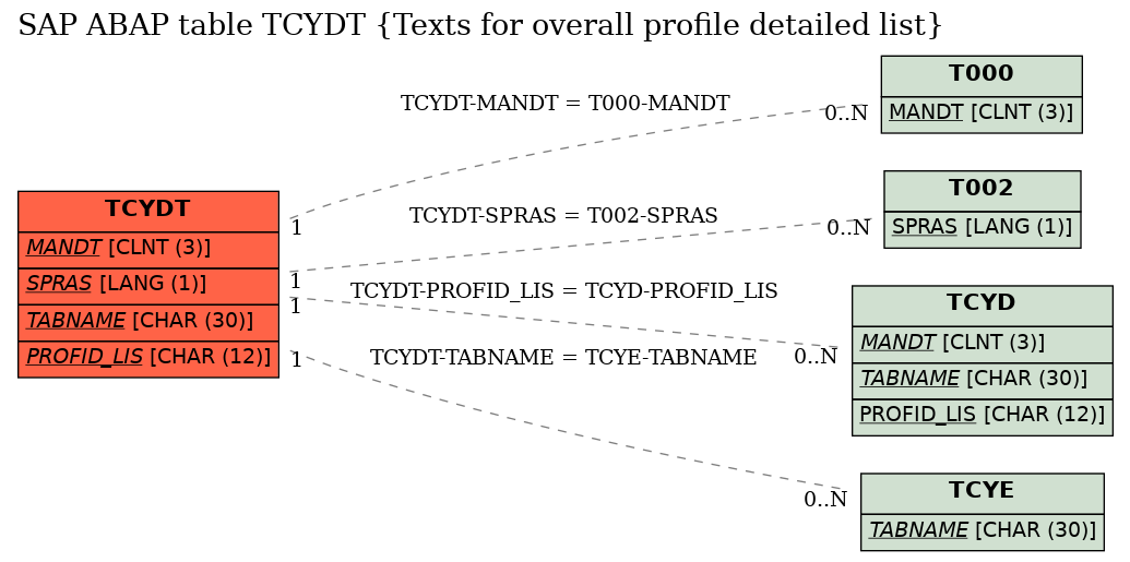 E-R Diagram for table TCYDT (Texts for overall profile detailed list)