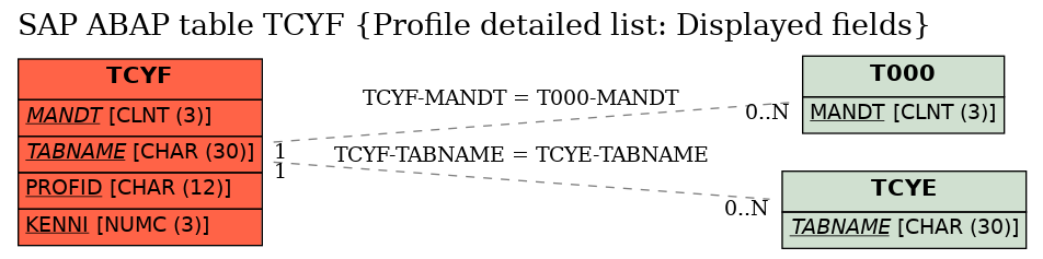 E-R Diagram for table TCYF (Profile detailed list: Displayed fields)