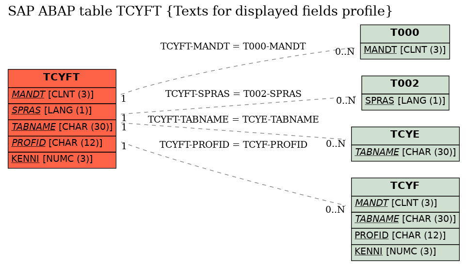 E-R Diagram for table TCYFT (Texts for displayed fields profile)