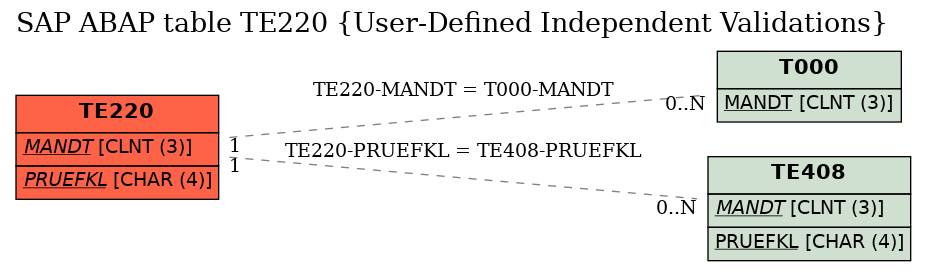 E-R Diagram for table TE220 (User-Defined Independent Validations)