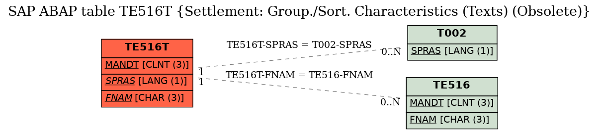 E-R Diagram for table TE516T (Settlement: Group./Sort. Characteristics (Texts) (Obsolete))