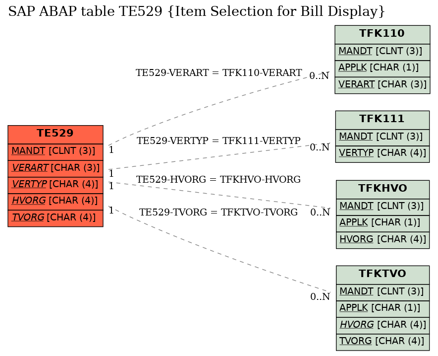 E-R Diagram for table TE529 (Item Selection for Bill Display)