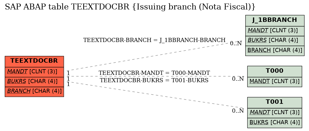 E-R Diagram for table TEEXTDOCBR (Issuing branch (Nota Fiscal))