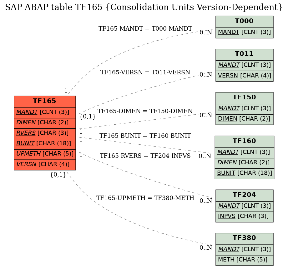 E-R Diagram for table TF165 (Consolidation Units Version-Dependent)